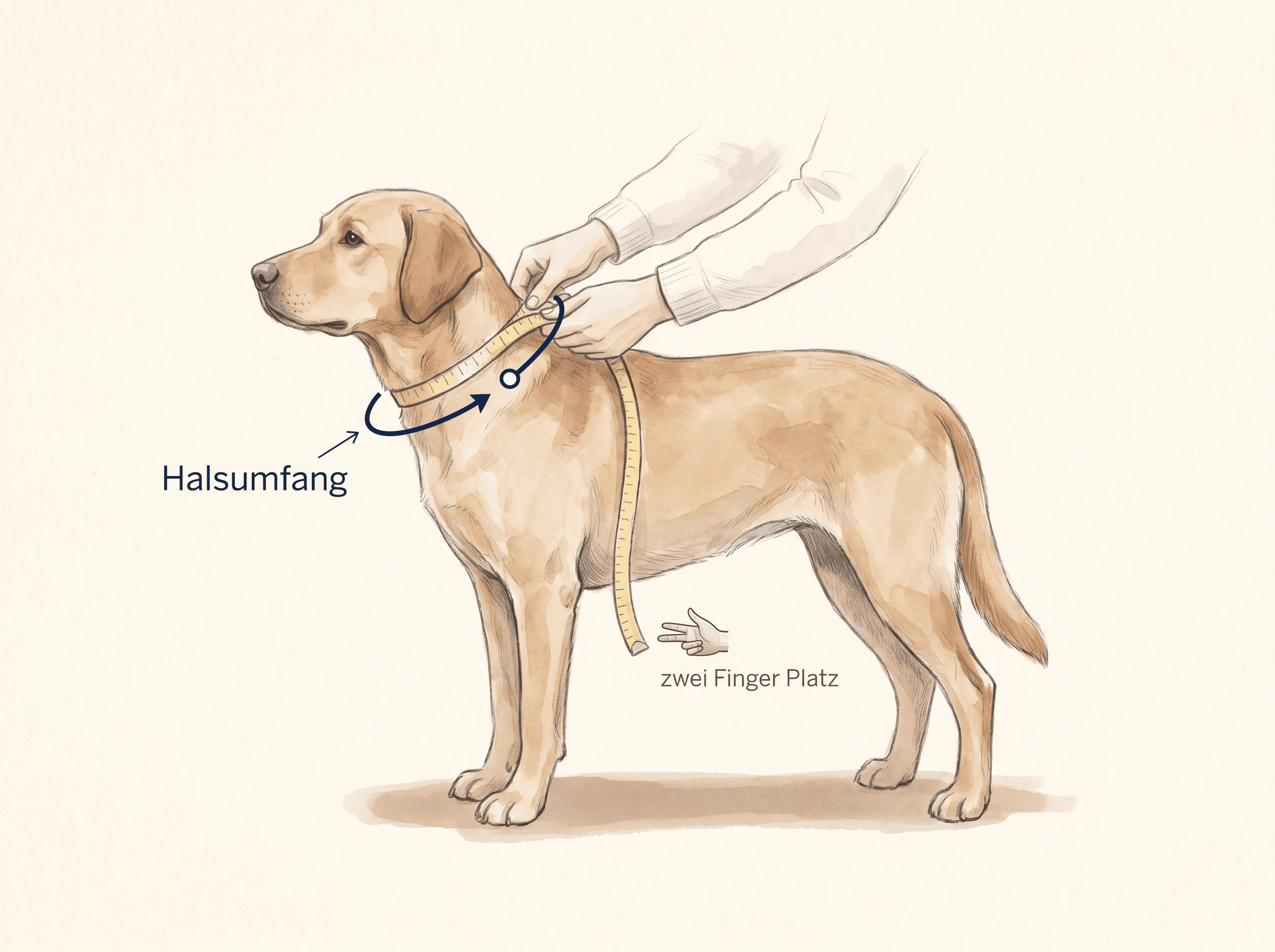 Halsumfang am Hund mit Massband messen, zwei Finger Platz lassen